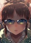  1girl akizuki_ritsuko antenna_hair bangs blush brown_hair close-up collarbone eyebrows eyebrows_visible_through_hair face frills glasses green_eyes highres idolmaster idolmaster_million_live! looking_at_viewer narumi_arata parted_lips ponytail portrait sidelocks solo 