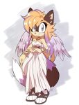  1girl angel_wings animal_ears artist_name bare_shoulders blonde_hair breasts bright_pupils commentary commission dress english_commentary feathered_wings full_body furry highres jewelry kaijumilk_(milkchaotea) long_hair looking_at_viewer original purple_wings sandals sidelocks signature smile solo standing strapless strapless_dress tail toeless_footwear toes very_long_hair white_dress white_pupils wings 