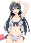  1girl agano_(kantai_collection) alternate_costume arm_up bare_shoulders bikini black_hair breasts cleavage collarbone eyebrows eyebrows_visible_through_hair green_eyes innertube kantai_collection large_breasts long_hair looking_at_viewer navel open_mouth simple_background solo swimsuit takeyuu white_background 