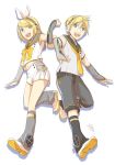  1boy 1girl arm_tattoo arm_warmers artist_name bangs bass_clef blonde_hair blue_eyes blunt_bangs brother_and_sister buttons commentary_request crossed_arms fortissimo grey_shirt hair_ornament hair_ribbon hairclip headphones ichi_ka kagamine_len kagamine_len_(vocaloid4) kagamine_rin kagamine_rin_(vocaloid4) leg_warmers looking_at_viewer midriff navel necktie pleated_skirt ribbon sailor_collar screen shirt shoes short_hair shorts siblings signature skirt sleeveless sleeveless_shirt smile speaker tattoo tennis_shoes treble_clef twins v4x vocaloid white_background white_skirt 