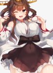  1girl ;d ahoge alternate_eye_color bare_shoulders breasts brown_hair covered_navel cup curvy detached_sleeves double_bun erect_nipples hair_between_eyes hair_tucking hairband japanese_clothes kantai_collection kongou_(kantai_collection) large_breasts long_hair looking_at_viewer nontraditional_miko one_eye_closed open_mouth ribbon-trimmed_sleeves ribbon_trim simple_background skirt skirt_set smile solo teacup wide_hips wide_sleeves yamaarashi yellow_eyes 