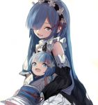  2girls blue_eyes blue_hair detached_sleeves hair_ornament if_they_mated japanese_clothes kimono long_hair maid mother_and_daughter multiple_girls natsuki_spica older ran_(pixiv2957827) re:zero_kara_hajimeru_isekai_seikatsu rem_(re:zero) short_hair short_kimono spoilers what_if x_hair_ornament 