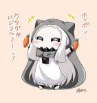  +++ 1girl :3 ^_^ blush_stickers carrot cloak closed_eyes covered_mouth dress himouto!_umaru-chan holding hood hooded_cloak horns kantai_collection long_hair looking_at_viewer mittens northern_ocean_hime outstretched_arms parody shinkaisei-kan sidelocks signature solo spread_arms translation_request very_long_hair white_dress white_hair white_skin yamato_nadeshiko 