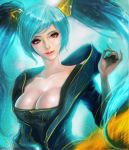  1girl aqua_hair backlighting blue_eyes blue_hair breasts cleavage collarbone eyeshadow gradient_hair highres kyung_han_kim large_breasts league_of_legends light_smile lips long_hair looking_at_viewer makeup multicolored_hair nail_polish parted_lips solo sona_buvelle twintails upper_body very_long_hair 