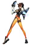  1girl absurdres ass brown_eyes brown_hair dual_wielding goggles gun handgun highres iwai_ryou legs long_legs looking_at_viewer looking_back overwatch pistol short_hair skin_tight solo tracer_(overwatch) weapon white_background 