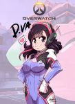  1girl alternate_breast_size bodysuit breasts brown_eyes brown_hair chai_sue character_name copyright_name covered_navel d.va_(overwatch) erect_nipples facial_mark gloves hands_on_hips headphones headset heart highres large_breasts long_hair looking_at_viewer mecha meka_(overwatch) overwatch pilot_suit skin_tight smile solo spoken_heart standing whisker_markings white_gloves 