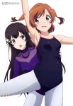  2girls absurdres aijou_karen arm_up armpits bangs bare_shoulders black_hair black_leotard blue_eyes blush body_blush breasts brown_eyes brown_hair collarbone crown_hair_ornament eyebrows_visible_through_hair gluteal_fold hand_on_another&#039;s_leg hand_on_another&#039;s_stomach highres kagura_hikari leg_lift leotard light_brown_hair long_hair looking_at_another magazine_scan medium_breasts megami multiple_girls official_art open_mouth pantyhose parted_bangs purple_leotard scan shiny shiny_clothes short_twintails shoujo_kageki_revue_starlight simple_background tongue turtleneck twintails ueda_kazuyuki white_background white_legwear 