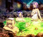  2boys 3girls :d ahoge ayamatazu berserker blush breasts caster cleavage collarbone fate/stay_night fate_(series) gae_bolg lancer multiple_boys multiple_girls naked_towel onsen open_mouth parted_lips partially_submerged pointy_ears rider rubber_duck saber short_hair smile towel towel_on_head 
