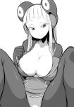 1girl bodysuit breasts cleavage electro_emilia headgear ken_(koala) large_breasts long_hair looking_at_viewer monochrome original panties simple_background skin_tight smile solo underwear white_background 