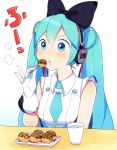  1girl aqua_eyes aqua_hair blowing bow dress food gloves hair_bow hatsune_miku headphones long_hair magical_mirai_(vocaloid) nokuhashi pixiv_sample sitting table takoyaki twitter_username very_long_hair vocaloid 