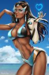  1girl abs arm_up artist_name beach bikini black_hair blue_bikini blue_nails blue_sky breasts brown_eyes brown_hair cleavage closed_mouth clouds contrapposto cowboy_shot dandon_fuga dark_skin day earrings finger_to_mouth gauntlets gem glowing goggles headpiece heart hologram horizon jewelry leaning_to_the_side looking_at_viewer mechanical_arm nail_polish navel ocean outdoors overwatch red_lips sapphire_(stone) sky smile solo stomach summer swimsuit symmetra_(overwatch) toned visor water 