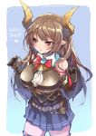  1girl armor bare_shoulders belt blush bow bowtie breastplate breasts broken_armor brown_eyes brown_hair bursting_breasts ceda_(dace) cleavage closed_mouth doraf elbow_gloves forte_(shingeki_no_bahamut) gloves granblue_fantasy highres horns large_breasts long_hair miniskirt open_clothes open_shirt pleated_skirt pointy_ears shingeki_no_bahamut shirt skirt solo thigh-highs zettai_ryouiki 