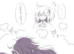  3girls ahoge anger_vein fate/grand_order fate/stay_night fate_(series) female_protagonist_(fate/grand_order) fujimaru_ritsuka_(female) greyscale hair_ribbon headpiece jeanne_alter long_hair monochrome multiple_girls nipi27 open_mouth profile ribbon ruler_(fate/apocrypha) ruler_(fate/grand_order) saber saber_alter side_ponytail translation_request upper_body 