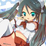  1girl aqua_eyes bare_shoulders black_hair breasts character_name commentary_request detached_sleeves eyebrows eyebrows_visible_through_hair isuzu_(kantai_collection) kamiyoshi_rika kantai_collection large_breasts long_hair looking_at_viewer navel open_mouth pleated_skirt school_uniform serafuku skirt twintails white_legwear 