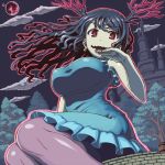  1girl :d barrel black_hair blue_dress breasts castle clouds dress earrings erect_nipples full_moon giantess horns jewelry jinrai_(owl12) large_breasts long_hair looking_at_viewer looking_down lubella momodora:_reverie_under_the_moonlight moon night night_sky ojou-sama_pose open_mouth pantyhose purple_legwear red_eyes red_moon sitting sky sleeveless sleeveless_dress smile solo tree 
