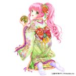  1girl bangs blush bow company_name copyright_name floral_print from_behind full_body green_eyes hair_ornament holding kneeling long_hair looking_at_viewer looking_back moyon official_art open_mouth pink_hair ponytail red_bow sangoku_infinity simple_background solo white_background white_legwear wide_sleeves 
