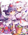  2girls albino animal_ears back_cutout black_hair black_wings blush detached_sleeves floral_print hall_jion hat inubashiri_momiji japanese_clothes long_sleeves looking_at_viewer multiple_girls obi open_mouth petals pointy_ears pom_pom_(clothes) puffy_sleeves red_eyes ribbon sash shameimaru_aya shirt short_hair short_sleeves skirt string tail text tokin_hat touhou white_background white_hair wide_sleeves wings wolf_ears wolf_tail wrist_cuffs 