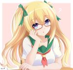  1girl ? blonde_hair blue_eyes blush bow choujigen_game_neptune glasses keenh long_hair neptune_(series) ribbon school_uniform serafuku smile solo two_side_up vert&#039;s_sister 