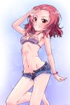  1girl barefoot bikini bikini_top bracelet brown_eyes cutoffs denim denim_shorts girls_und_panzer grin jewelry k10k redhead rosehip short_hair short_shorts shorts smile solo standing swimsuit 