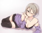  1girl black_legwear blush breasts brown_eyes chin_rest cleavage earrings idolmaster idolmaster_cinderella_girls jewelry jiino looking_at_viewer lying necklace off_shoulder on_side one_eye_closed shiomi_shuuko short_hair shorts silver_hair smile solo thigh-highs 