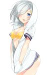  1girl absurdres bikini blue_eyes blush breasts cleavage commentary_request eyes_visible_through_hair front-tie_top hair_ornament hair_over_one_eye hairclip hamakaze_(kantai_collection) hands_in_pockets highres hood hoodie kantai_collection large_breasts looking_at_viewer nezumi_doshi one_eye_closed short_hair silver_hair simple_background smile solo swimsuit white_background yellow_bikini 