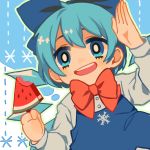  1girl blue_dress blue_eyes blue_hair cirno dress food fruit hair_ribbon harrymiao highres ice ice_wings long_sleeves open_mouth popsicle ribbon short_hair smile snowflakes solo touhou upper_body watermelon watermelon_bar wings 