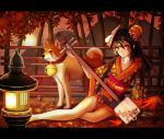  1girl arm_support autumn_leaves bell bell_collar black_hair collar collarbone dog facial_mark floral_print flower fox_mask full_body hair_bell hair_flower hair_ornament instrument japanese_clothes jingle_bell kimono leaf letterboxed long_hair looking_at_viewer lying maple_leaf mask mountain nakaichi_(ridil) obi on_side original red_eyes sash shamisen short_kimono solo sun wide_sleeves 
