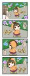  2girls 4koma animal_hood bangs bare_shoulders bird blunt_bangs boots brown_eyes brown_hair closed_eyes comic commentary_request detached_sleeves duck flower hair_ornament hakama hand_to_own_mouth head_tilt highres hood japanese_clothes kantai_collection maya_(kantai_collection) multiple_girls open_mouth outstretched_arm puchimasu! raincoat rubber_boots smile takanami_(kantai_collection) translated yuureidoushi_(yuurei6214) 