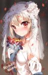  1girl bison_cangshu bride brown_hair character_request collar collarbone dress elbow_gloves flower gloves hair_flower hair_ornament highres holding jewelry ring short_hair silver_hair smile solo strapless strapless_dress wedding_dress white_dress white_flower white_gloves 