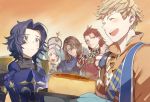  1girl 4boys armor baking black_hair blonde_hair blue_eyes blue_hair blush brown_eyes brown_hair cake closed_eyes food granblue_fantasy hat lancelot_(granblue_fantasy) long_hair male_focus mikurou_(nayuta) mittens multiple_boys open_mouth percival_(granblue_fantasy) redhead siegfried_(granblue_fantasy) smile sophia_(granblue_fantasy) staff tray twintails vane_(granblue_fantasy) yellow_eyes 