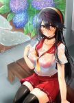  1girl alternate_costume bench black_hair black_legwear breasts choker cleavage collarbone flower hair_ornament hairband hairclip haruna_(kantai_collection) highres hydrangea kantai_collection large_breasts long_hair looking_at_viewer orange_eyes park_bench parted_lips pleated_skirt rain school_uniform see-through serafuku sitting skirt solo thigh-highs tsukui_kachou wet wet_clothes zettai_ryouiki 