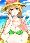  1girl absurdres beach bikini blonde_hair blue_sky blush breasts cleavage clouds earrings hat highres jewelry long_hair ocean original outstretched_hand sand sky smile solo star star_earrings straw_hat summer swimsuit ugly_ink water 