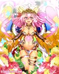  1girl :d angel_wings bare_shoulders benitsuki_tsubasa blush breasts butterfly cleavage collarbone crown detached_sleeves earrings field flower flower_field golden_wings groin hair_flower hair_ornament hair_ribbon jewelry loincloth long_hair looking_at_viewer makai_gakuen_catastrophe navel necklace official_art open_mouth original outstretched_arms pendant petals pink_eyes pink_hair ribbon smile solo sparkle spread_arms standing thigh_strap thighlet wings 