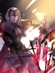  1girl armor artist_request blonde_hair cape fate/apocrypha fate/grand_order fate_(series) field_of_blades highres jeanne_alter looking_at_viewer pale_skin ruler_(fate/apocrypha) ruler_(fate/grand_order) scabbard sheath short_hair solo sword weapon yellow_eyes 
