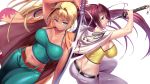  2girls alternate_color alternate_eye_color alternate_hair_color aqua_eyes arm_at_side ass bare_shoulders blonde_hair breasts collarbone crop_top dark_skin dual_persona from_side hair_between_eyes impossible_clothes katana large_breasts light_smile lips long_hair looking_at_viewer midriff misao_(kami_no_misoshiru) multiple_girls navel parted_lips player_2 ponytail purple_hair sword under_night_in-birth very_long_hair violet_eyes weapon yuzuriha_(under_night_in-birth) 