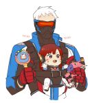  1boy 1girl artist_request baby brown_hair croquis2 d.va_(overwatch) gloves mask overwatch rattle soldier:_76_(overwatch) visor whisker_markings white_hair younger 