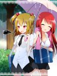  2girls :d ^_^ akemaru arm_behind_back bag black_necktie black_skirt blonde_hair blurry blush breasts bush cleavage closed_eyes collared_shirt depth_of_field fang hair_bobbles hair_ornament head_tilt highres holding holding_umbrella lace_border looking_away motion_lines multiple_girls necktie open_mouth original outdoors pleated_skirt rain red_eyes redhead school_bag school_uniform shirt short_necktie short_sleeves skirt smile squiggle towel towel_around_neck tree two_side_up umbrella wet white_shirt wing_collar 