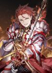  1boy armor fire granblue_fantasy hair_slicked_back holding holding_weapon long_hair looking_at_viewer male_focus mikurou_(nayuta) percival_(granblue_fantasy) rapier red_eyes redhead solo sword upper_body weapon 