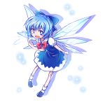  1girl blue_eyes blue_hair blush_stickers bow cirno haiiro_(immature) hair_bow ice ice_wings mary_janes open_mouth pointy_ears shoes solo touhou white_background wings 