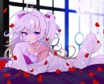  1girl :/ akemaru breasts cleavage collarbone curtains lavender_hair long_hair looking_at_viewer lying on_stomach original petals pink_eyes solo sparkle two_side_up window 