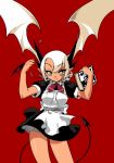  1girl arms_up asymmetrical_bangs bangs book demon_girl demon_horns demon_tail demon_wings earrings head_wings holding horns jewelry light_smile looking_at_viewer maid noritaka_suzuki pointy_ears red_background short_sleeves simple_background skirt skull_earrings tail white_hair wind wind_lift wings yellow_eyes 