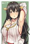  1girl :o arm_up armpits black_hair blush breasts brown_eyes commentary_request detached_sleeves hair_between_eyes hair_ornament hairband hairclip haruna_(kantai_collection) headgear hebata highres japanese_clothes kantai_collection large_breasts long_hair looking_at_viewer nontraditional_miko ribbon-trimmed_sleeves ribbon_trim satou_samu siberia_(sato_36) sideboob solo twitter_username upper_body wide_sleeves 