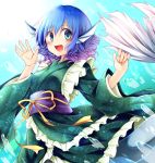  1girl blue_background blue_eyes blue_hair blush bubble chikuwa_savi drill_hair floral_print frills gradient gradient_background head_fins highres japanese_clothes kimono long_sleeves looking_at_viewer mermaid monster_girl obi open_mouth ribbon sash short_hair smile solo touhou underwater wakasagihime wide_sleeves 