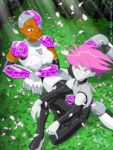  1boy 1girl boots brown_eyes choker cyborg cyborg_(dc) dark_skin dc_comics detached_sleeves fishnet_shirt genderswap grey_skin jinx pink_eyes pink_hair teen_titans 