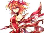  1girl bare_shoulders breasts bridal_gauntlets chinese_clothes circlet detached_sleeves fate/grand_order fate_(series) female_protagonist_(fate/grand_order) flower hair_flower hair_ornament holding looking_at_viewer matching_hair/eyes medium_breasts miniskirt monkey_tail navel navel_cutout open_mouth orange_eyes orange_hair ruyi_jingu_bang ryugun short_hair simple_background skirt solo tail two_side_up weapon white_background 