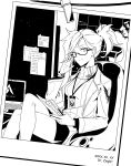  1girl adjusting_glasses badge black_skirt chair chalkboard computer_keyboard glasses greyscale high_ponytail highres holding hwansang jacket legs_crossed long_hair looking_at_viewer mercy_(overwatch) miniskirt monochrome notebook overwatch paper photo_(object) ponytail ribbed_sweater screen semi-rimless_glasses side_slit sitting skirt smile solo sweater turtleneck under-rim_glasses uniform 