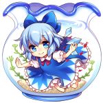  1girl barefoot blue_dress blue_eyes blue_hair blush cirno dress fish fishbowl full_body hair_ribbon ice ice_wings in_container looking_at_viewer masaru.jp puffy_sleeves ribbon short_hair short_sleeves smile solo touhou transparent_background underwater wings 