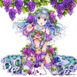  1girl :o armlet bangs bare_shoulders blue_dress blue_eyes blue_hair blush bow breasts cleavage collarbone company_name copyright_name dress eyebrows eyebrows_visible_through_hair food food_themed_hair_ornament foreshortening frilled_dress frills fruit garter_straps grape_hair_ornament grapes hair_ornament hair_ribbon jewelry kneeling large_breasts leaf long_hair mary_janes moyon navel necklace official_art outstretched_arm purple_bow ribbon sangoku_infinity shoes simple_background sitting solo thigh-highs white_background white_legwear 