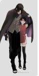  1boy 1girl black_hair boruto:_naruto_the_movie cloak covering elbow_gloves father_and_daughter fingerless_gloves glasses gloves hair_over_one_eye highres naruto open_toe_shoes rain shigegigi shoes short_hair thigh-highs uchiha_sarada uchiha_sasuke wet wet_hair 