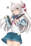  &gt;_o 1girl amatsukaze_(kantai_collection) brown_eyes clipboard cosplay glasses hair_ribbon hair_tubes hayashi_kewi hip_vent kantai_collection long_hair looking_at_viewer navel one_eye_closed ooyodo_(kantai_collection) ooyodo_(kantai_collection)_(cosplay) open_mouth pleated_skirt quill ribbon school_uniform semi-rimless_glasses serafuku silver_hair simple_background skirt solo tress_ribbon two_side_up white_background 